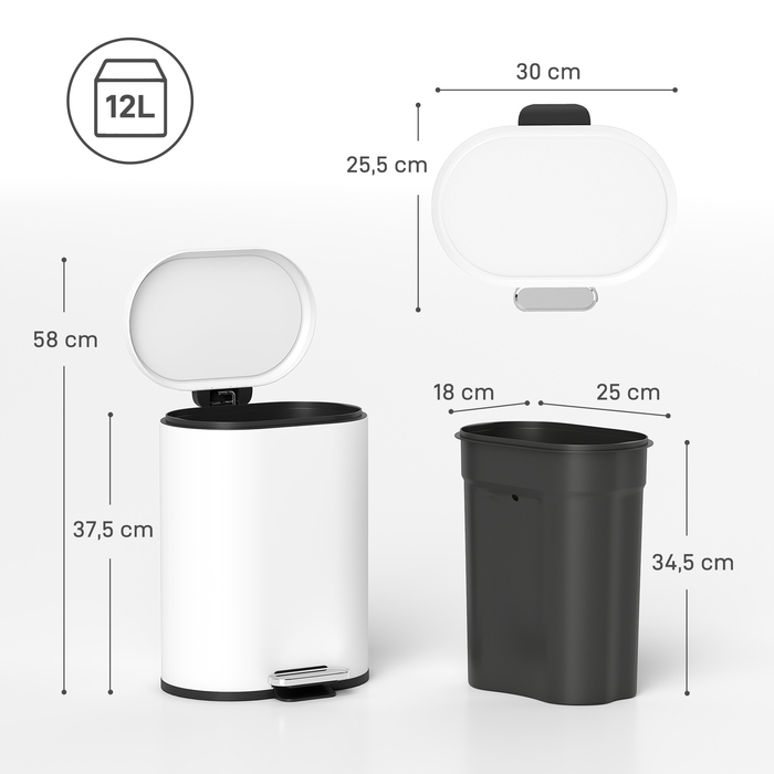 Відро для сміття 12 л з педаллю, внутрішнім відром, м'яким закриттям кришки, біле (30 x 25,5 x 37,5 см)