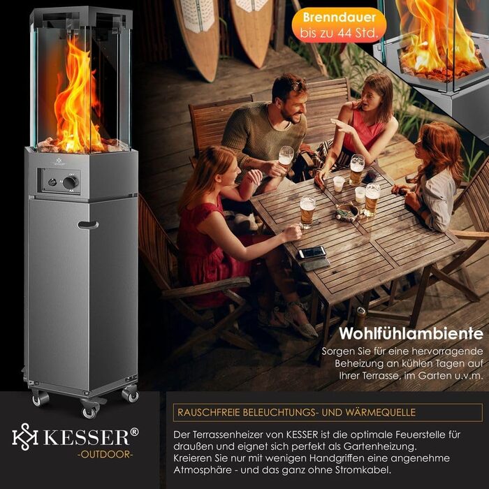 Газовий обігрівач KESSER® 4/8 кВт з П'єзозапалюванням, регулятором тиску газу та захисним кожухом. 360° обертання, захист від перекидання. Підходить для тераси, вулиці. Колір: антрацит.