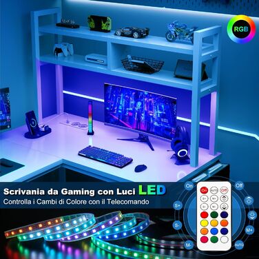 Ігровий стіл Devoko L-подібної форми з LED-підсвічуванням, 140 x 120 см, з 2 розетками та 2 USB-портами, з полицями для зберігання, білий