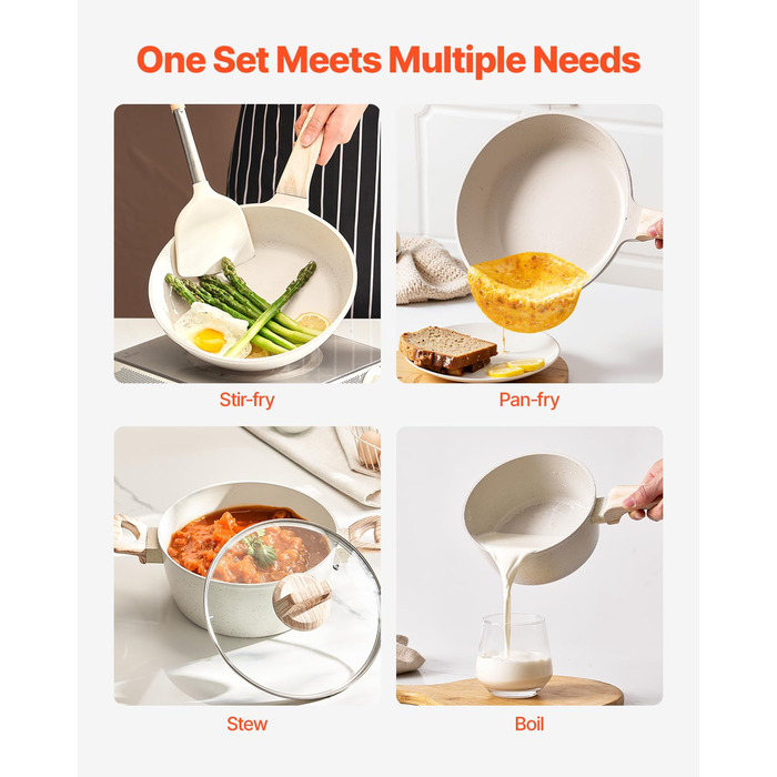 Набір каструль та сковорідок VEVOR з індукційним покриттям (17 предметів) з кришками, антипригарне покриття, для кухні, кемпінгу, приготування соусів та варіння (білий)