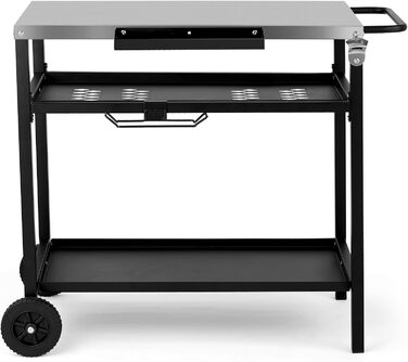 Гриль-візок LEADZM: гриль-стіл для вулиці, 95 x 45 x 83 см, стіл з нержавіючої сталі срібного кольору, на колесах, мобільний, сервісний візок для садів, чорний (97x51x83 см)