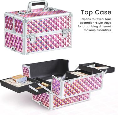 Косметичка-тролей Yaheetech 4-в-1, велика косметичка для макіяжу з замком, рожевий блискучий кейс для перукарів та візажистів з ящиком та колесами