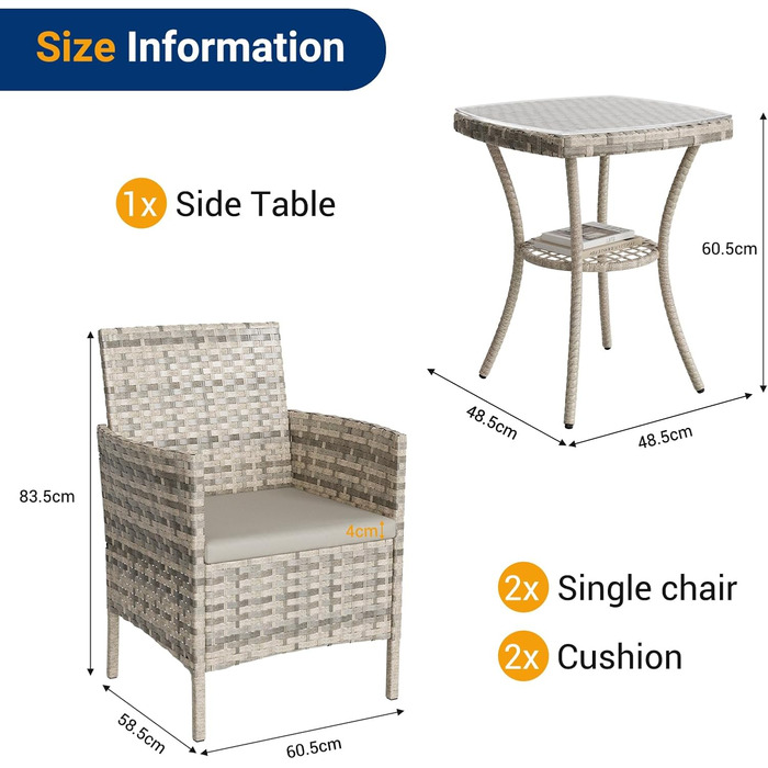 Набір садових меблів UDPATIO Lounge для балкона: стіл та 2 стільці, стійкий до погодних умов, для тераси та саду, поліротанг, 2 особи (кремовий, 3-частинний)