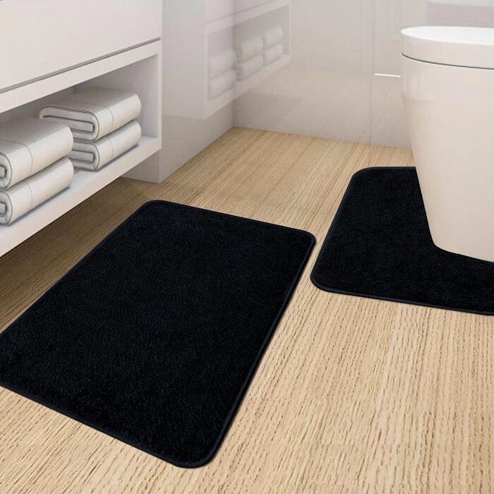 Комплект килимків для ванної кімнати: м'який мікрофібровий килимок 50x80 см та килимок для унітазу 50x40 см, чорний, нековзний, для ванної кімнати