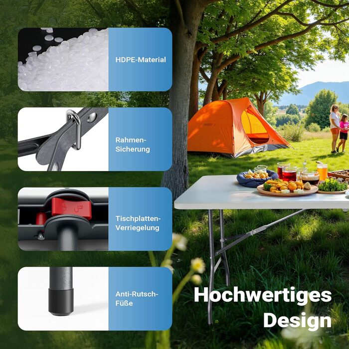 Складаний кемпінговий стіл Wiltec 122x60x75 см, стіл для пікніка, саду та виїзних заходів з ручкою для перенесення