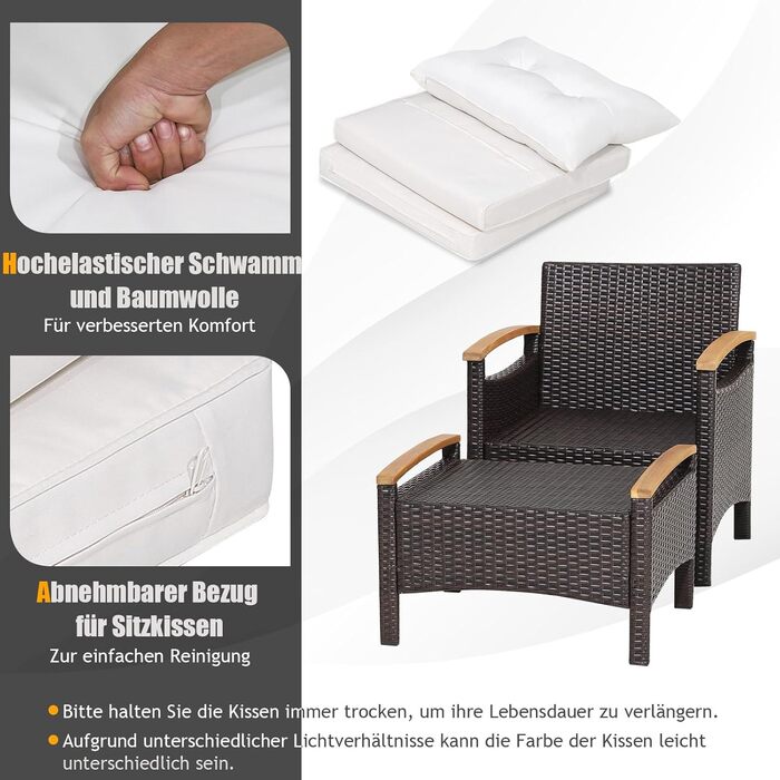 Набір садових меблів GIANTEX 5 предметів: 2 крісла, 2 пуфи та столик - ротанг, кремово-білий колір, для саду та балкону