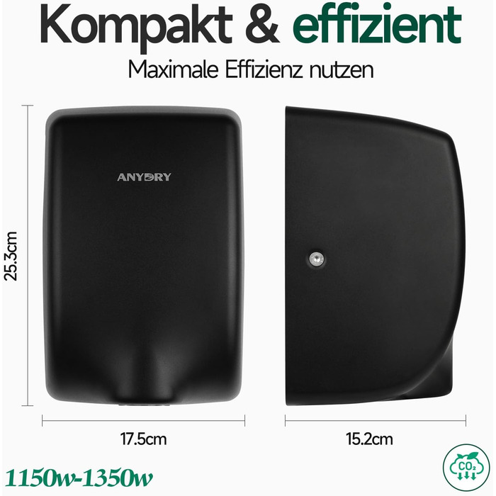 Anydry 2803Y Міні-сушарка для рук, 1350W, нержавіюча сталь, матове чорне покриття, для дому та бізнесу
