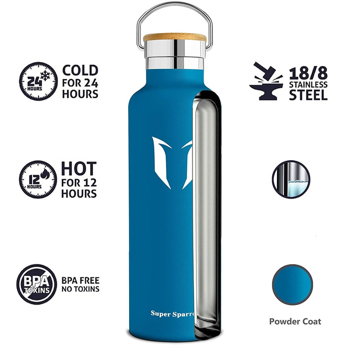 Пляшка для води Super Sparrow Пляшка для води з нержавіючої сталі - 750 мл - Ізольована пляшка з ідеальною пляшкою-термосом Пляшка для води без бісфенолу А (темно-синій) і пляшка для води - Пляшка для води з трітану - 1000 мл у комплекті з пляшкою для вод