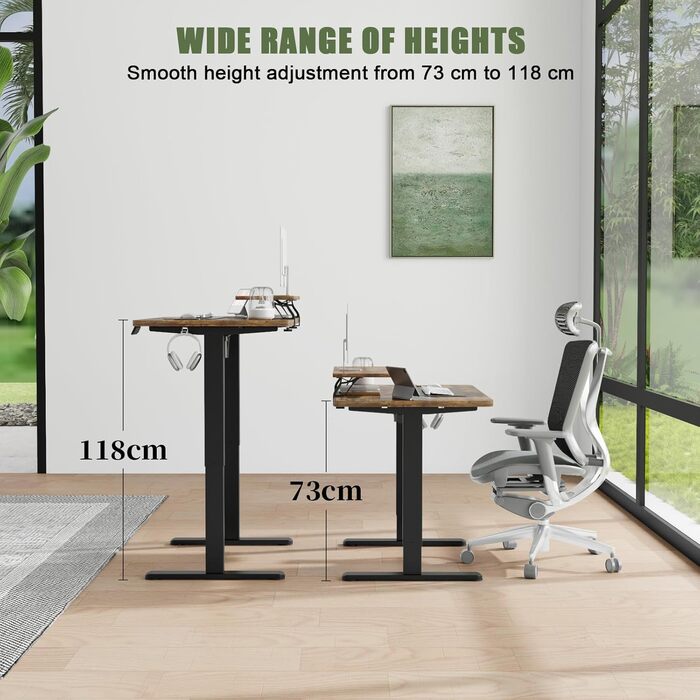 Електричний регульований стіл Devoko 120x60 см з підставкою для монітора, комп'ютерний стіл, 2 пам'яті висоти, вінтажний коричневий