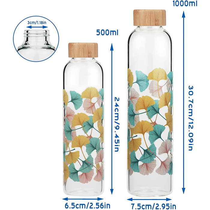 Пляшка для води з боросилікатного скла Cleesmil Sport Скляна пляшка для води без бісфенолу А з неопреновим рукавом 1000 мл/1 л (бамбук) (500 мл, гінкго білоба)