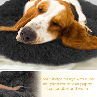 Ліжко для собак SlowTon з пухнастим пончиком для маленьких собак, миється плюшеве кругле ліжко для кішок, м'яка затишна затишна подушка з бавовни з нековзним дном для домашніх тварин середнього розміру XL (діаметр 80 см) темно-сірого кольору