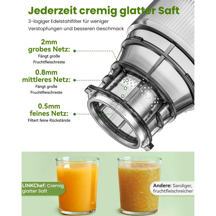 LINKChef Slow Juicer: повільний соковичавник для овочів та фруктів, 1.8 л, з функцією реверсу, BPA Free