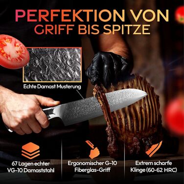 Японський кухонний ніж Damast 20 см з високоякісної сталі 67 шарів, ергономічна ручка G-10, подарункова упаковка (Santoku)