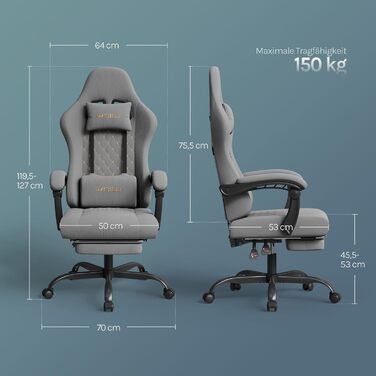 Ігровий крісло WOLTU з масажем, комп'ютерне ергономічне крісло, кишенькові пружинні подушки, масаж попереку, підголовник, підніжка, поворотне крісло, 150 кг, сітчаста тканина, сірий+жовтий