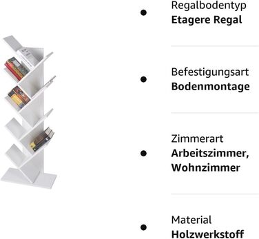 Книжкова шафа ML-Design з 9 рівнями у формі дерева, 50x25x140 см, білий, дерево, стояча полиця для CD/DVD, підлогова полиця для вітальні, офісу, полиця для документів Перегородка для кімнати Органайзер для зберігання книг