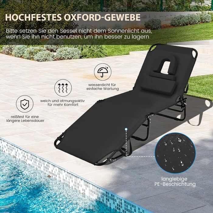 Лежак для відпочинку Costway з отвором для обличчя, розкладний, з 3 знімними подушками та регульованою спинкою, для саду та басейну (Чорний)