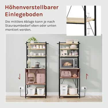 Кухонна полиця WOLTU з 6 ярусами, з розетками, для мікрохвильової печі, з металевим каркасом, регульовані полиці, Чорний+Рустикальне коричневий, 60 x 167 x 40 см (Чорний+світлий дуб, 60 x 39,5 x 167 см)