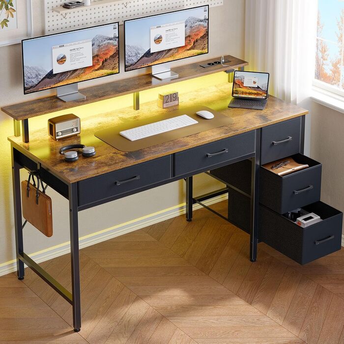 Комп'ютерний стіл Seventable з розетками та LED-підсвічуванням, 100 см, ігровий, 5 шухляд, з підставкою для монітора, для офісу, кабінету, спальні, вітальні (Вінтаж-коричневий, 140 см)