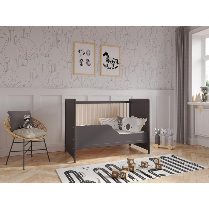 Дитяче ліжко-бічне ліжечко Love For Sleep Tokyo 120x60 см з бар'єром, антрацит-горіх, збірно-розбірне, для новонароджених