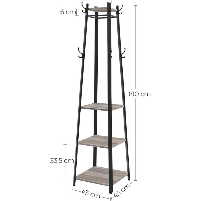 Стійка для одягу VASAGLE з 8 гачками, 4 полицями та вішалкою, металевий каркас, для шалей, курток, сумок, для прихожого, золотий дуб + білий колір (Greige Meliert + Tintenschwarz)