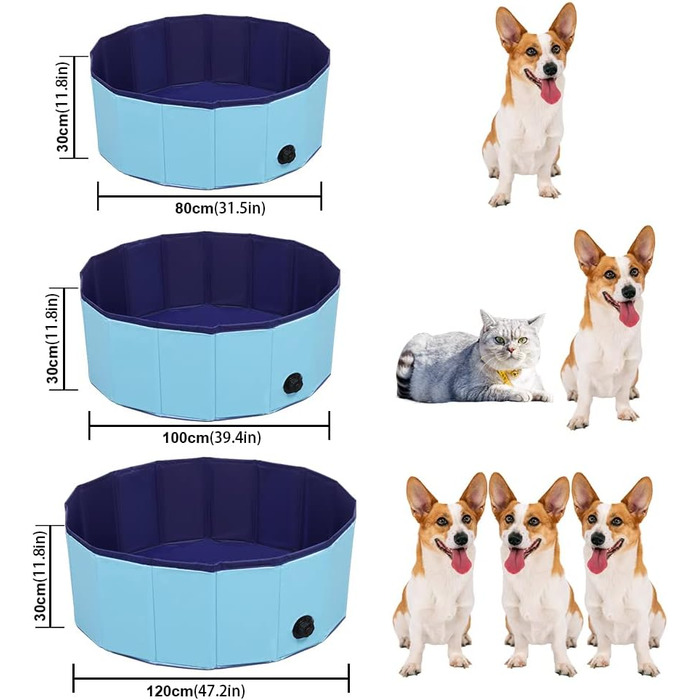 Басейн для собак Басейн для собак Ванна для домашніх тварин Дитячий басейн для домашніх тварин ПВХ нековзний Складний дитячий басейн підходить для всіх типів домашніх тварин (80 x 30 см, синій) 80x30 см Синій