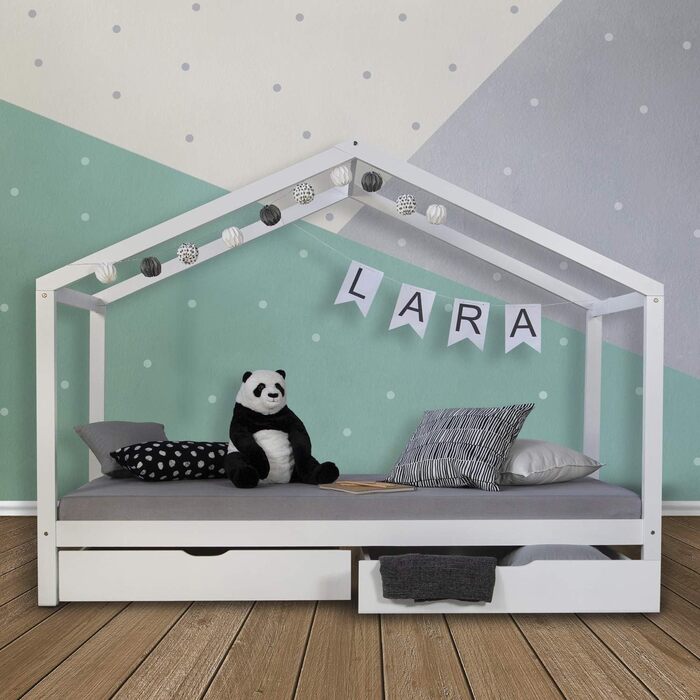 Дитяче ліжко Homestyle4u 90x200 з ящиком, монтессорі, з ламелями, біле, з дерева (сосна)