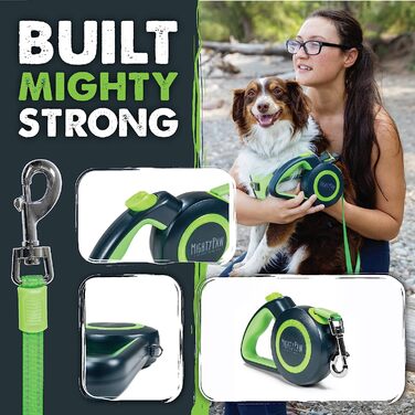 Повідець для собак Mighty Paw, висувний, нейлоновий, 4,6 м, міцний, світловідбиваючий, для домашніх тварин вагою до 50 кг, помаранчевий, (зелений, стандартний)