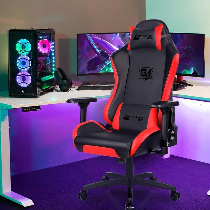 Ігровий крісло GTPLAYER з тканини, ергономічний офісний крісло для ПК, 150 кг, регульований, поворотний, з підлокітниками та підставкою для ніг (червоно-фіолетовий)