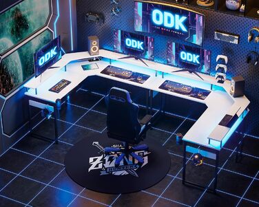 Ігровий стіл ODK 129x129 см з LED підсвіткою, 2 розетки та 2 USB, для ПК та комп'ютера, білий