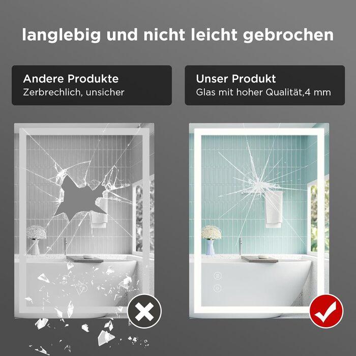 Дзеркало у ванну кімнату з підсвічуванням 50x70 см, сенсорне керування, протитуманне покриття, 3 кольори світла, регулювання яскравості, пам'ять налаштувань, матове покриття, прямокутна форма