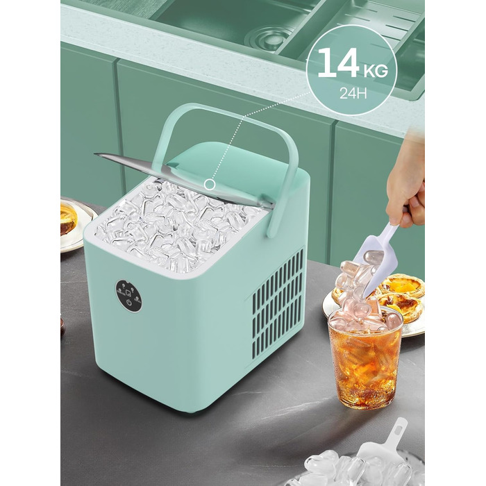 Льодогенератор FOHERE 14 кг/добу, швидке виробництво льоду (5 хв), 2 розміри кулеподібного льоду, самоочищення, м'ятний колір