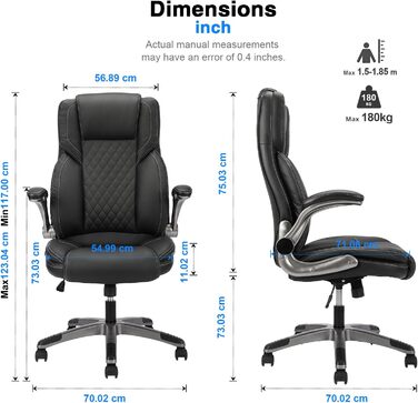 Ергономічне крісло для офісу 180 кг, крісло для столу з високою спинкою та широким сидінням, відкидні підлокітники, комп'ютерне крісло для офісу, дому, геймінгу (Чорний, без масажу)