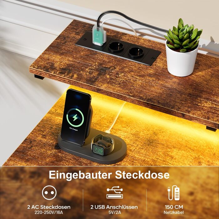 Комп'ютерний стіл з 8 висувними ящиками, 2 розетками, USB-портами, LED-підсвічуванням та підставкою для монітора, 120 x 50 x 74 см, Колір: Коричневий