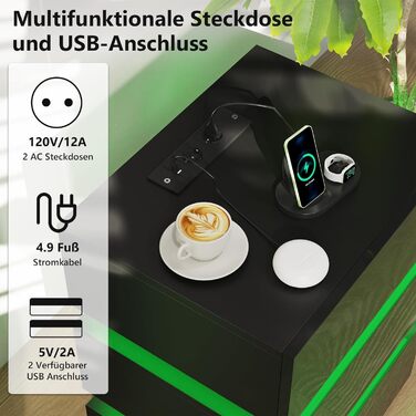 Нічний столик з розеткою та LED, нічний комод з функцією зарядки та USB, 2 шт. (45x35x46/62 см, чорний)