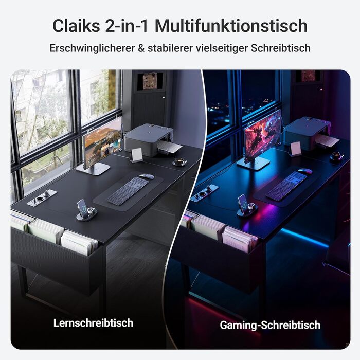 Комп'ютерний стіл Claiks з 3 шухлядами, 100x60 см, з розетками та USB, для дому та офісу, чорний