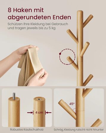Стійка для одягу VASAGLE, дерев'яна, для вішалок та аксесуарів, 8 гачків, для прихожей, RCR010B01 (натуральний беж)