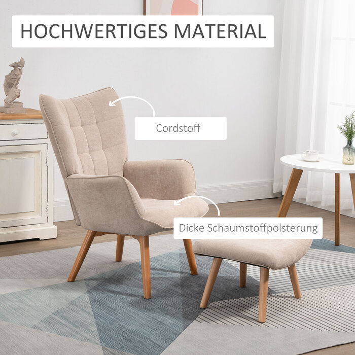 Крісло HOMCOM Wingback з табуретом Крісло з м'якою реклайнером Вельвет Look Крісло для відпочинку Крісло Крісло з дерев'яними ніжками Телевізор Крісло бежеве для вітальні