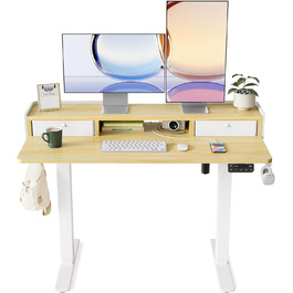 Електричний стіл YIHAYO з висувними ящиками та підставкою для монітора 120x60 см, регулювання висоти, пам'ять, Natural White, Natural поверхня