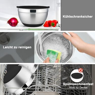 Набір мисок Onader з нержавіючої сталі: 5 мисок + 3 терки. Набір мисок для салатів з кришками, 5 шт. (0,7-4 л), чорний