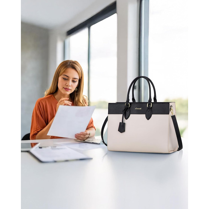 Сумка для ноутбука LOVEVOOK 15.6 дюймів, велика робоча сумка, водонепроникна сумка з PU шкіри, сумка-шоппер, акцентна сумка, сумка для навчання, сумка через плече для бізнесу, роботи, університету, школи (Бежево-чорна, M)