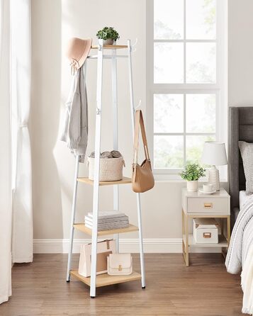 Стійка для одягу VASAGLE з 8 гачками, 4 полицями та вішалкою, металевий каркас, для шалей, курток, сумок, для прихожого, золотий дуб + білий, LCR080W09