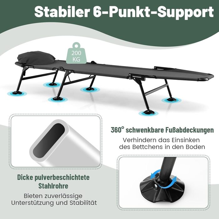 Складане ліжко для риболовлі та кемпінгу GOPLUS, посилене (до 200 кг), з регульованою спинкою (6 позицій) та спеціальними опорами для м'якого ґрунту, сіре