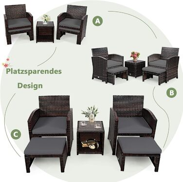 GIANTEX Набір садово-розслаблюючих меблів з ротангу для балкону/саду (2 крісла з пуфами), сірі подушки