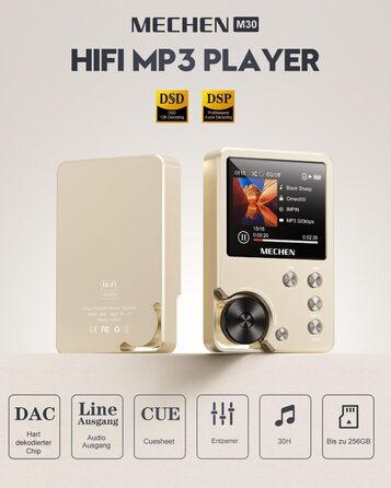 MECHEN M30 Hi-Res MP3-плеєр, HiFi цифровий аудіоплеєр з підтримкою DSD, FLAC, DAC, CUE, без втрати якості, портативний DAP, 64ГБ карта пам’яті, підтримка до 256ГБ