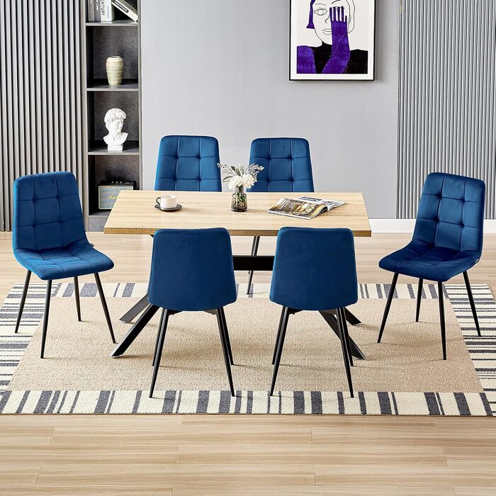 Набір обідніх стільців, м'який стілець з оксамитовою оббивкою та чорними металевими ніжками, кухонні стільці з номінальною вантажопідйомністю 120 кг, (6 шт., блакитний)