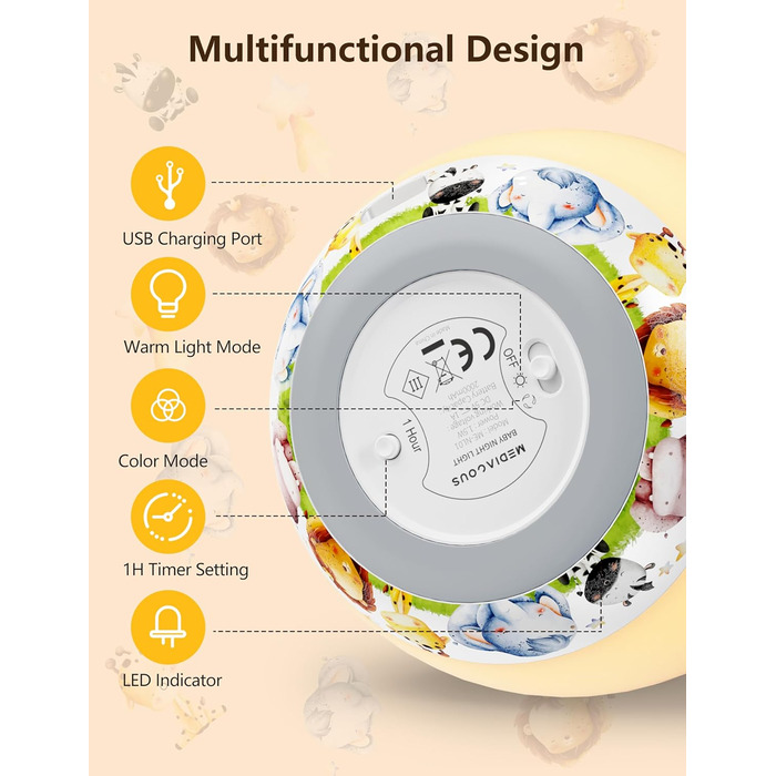 Нічник-ліхтарик MediAcous для дітей та малюків з 8 кольорами, регулюванням яскравості, таймером 1 година та сенсорним керуванням. Декоративний нічник з мисливцями для дитячої кімнати (білий)