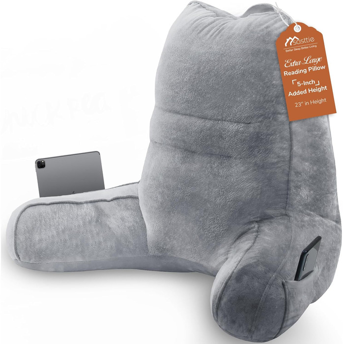 М'яке спинне крісло-подушка Sasttie для ліжка, рожеве (стандарт, темно-сірий) з кишенями та підлокітниками