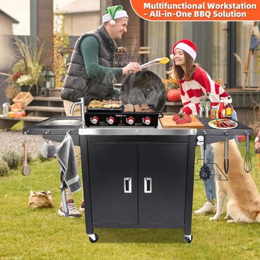 Гриль-вогн на колесах GFTIME: мобільний стіл для піци з нержавіючої сталі, кухонний острів з шафкою та полицями, 154 x 63 x 89 см