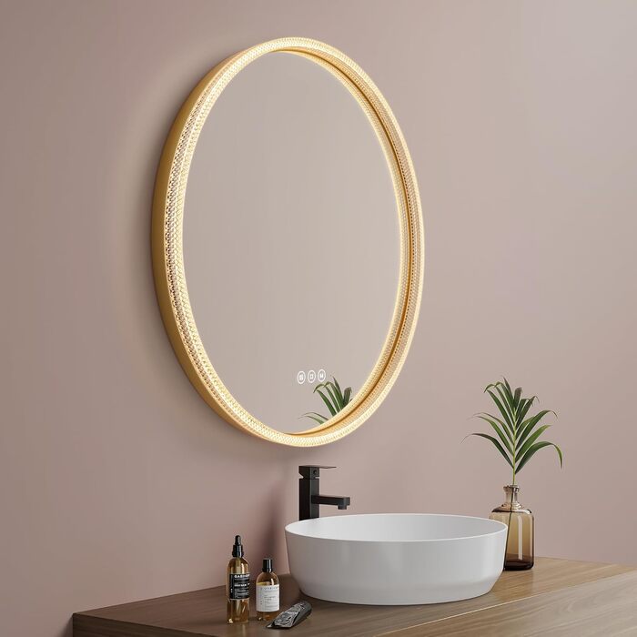 Дзеркало для ванної кімнати EMKE з підсвічуванням, 80 см, 3 кольори світла, регулювання яскравості, антизапар, сенсорне управління, функція пам'яті, енергозбереження, кругле, золотий фрейм (60x60 см)