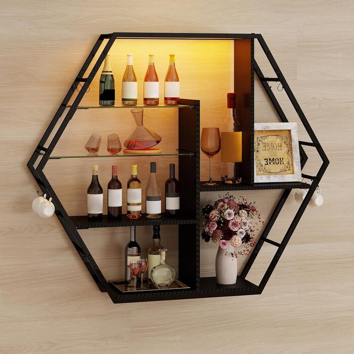 Підвісні полиці YU YUSING з RGB підсвічуванням 7 кольорів, геймерські полиці з 8 гачками, стелажі для демонстрації, настінні вітрини з 2 скляними полицями, підвісні шафи для спальні, кухні, бару, ігрової кімнати, декор, гексагон, карбонове покриття